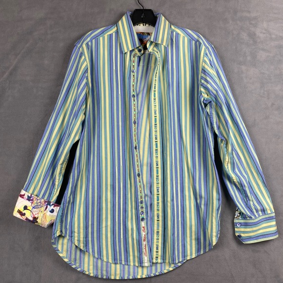 Robert Graham Other - Robert Graham Mens Striped Button Down Shirt Blue Yellow Guitar Cuffs Size Small